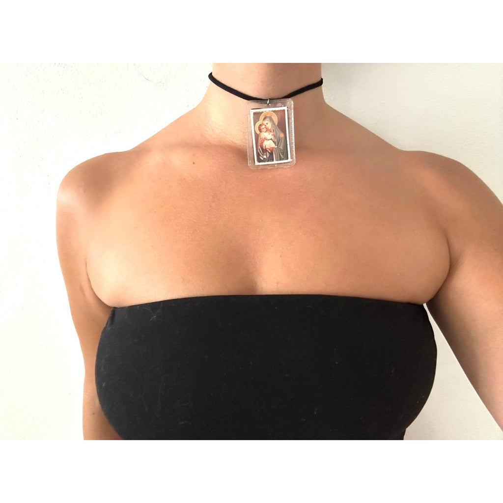 Mary and Jesus prayer card necklace